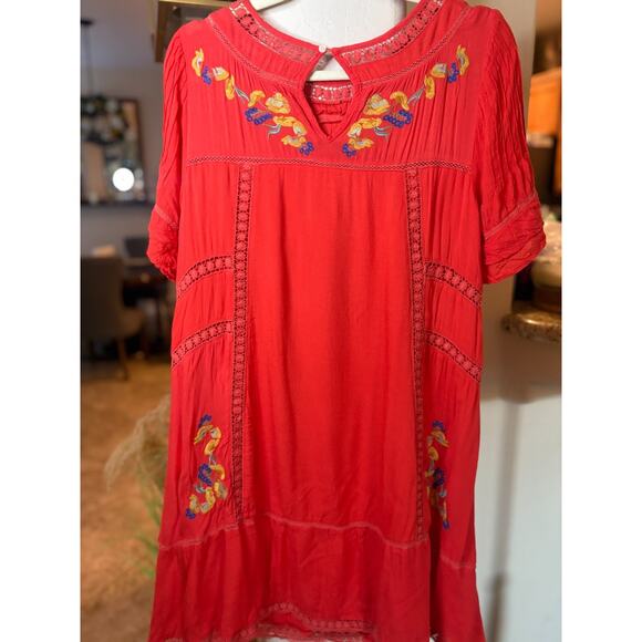 Brass & Roe Orange Short Sleeve Boho Floral Embroidered Crochet Trim Dress M - Picture 3 of 4